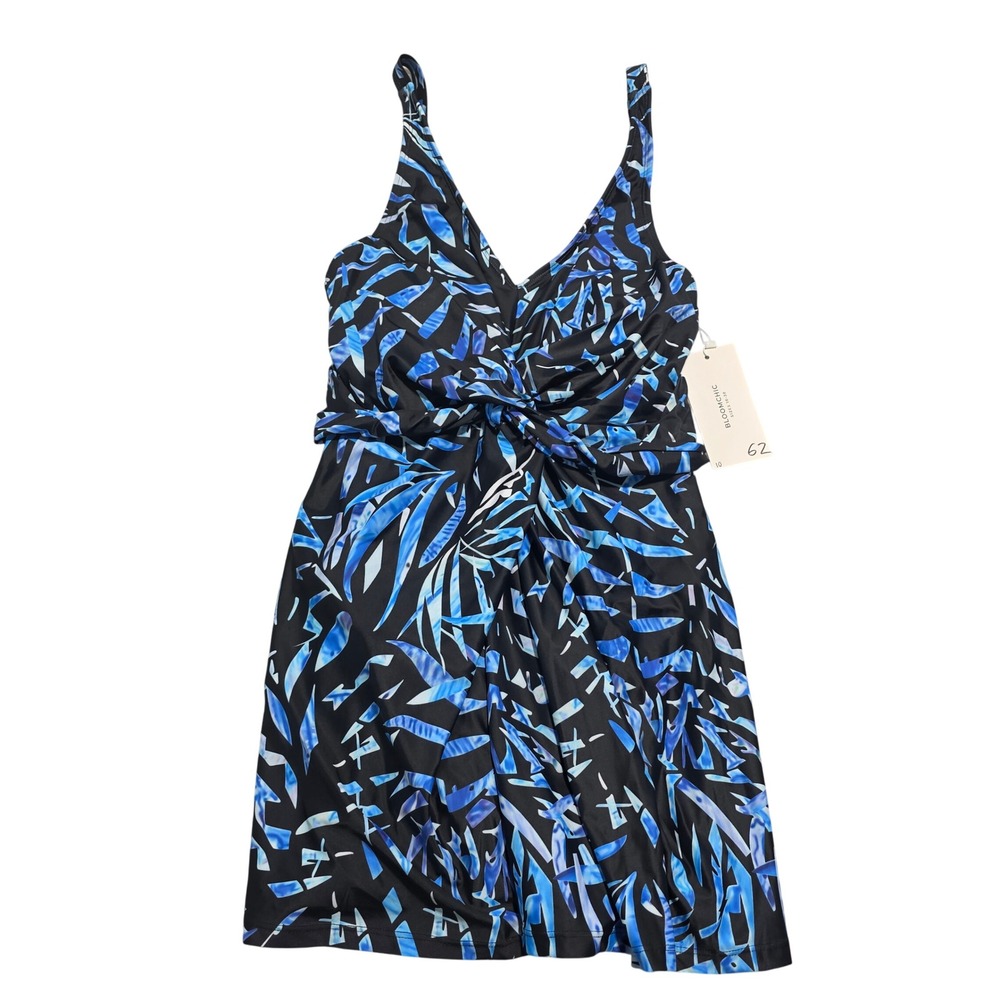 Bloomchic Tropical Twist Front Padded Swim Dress Blue Black 10 Womens Swimwear